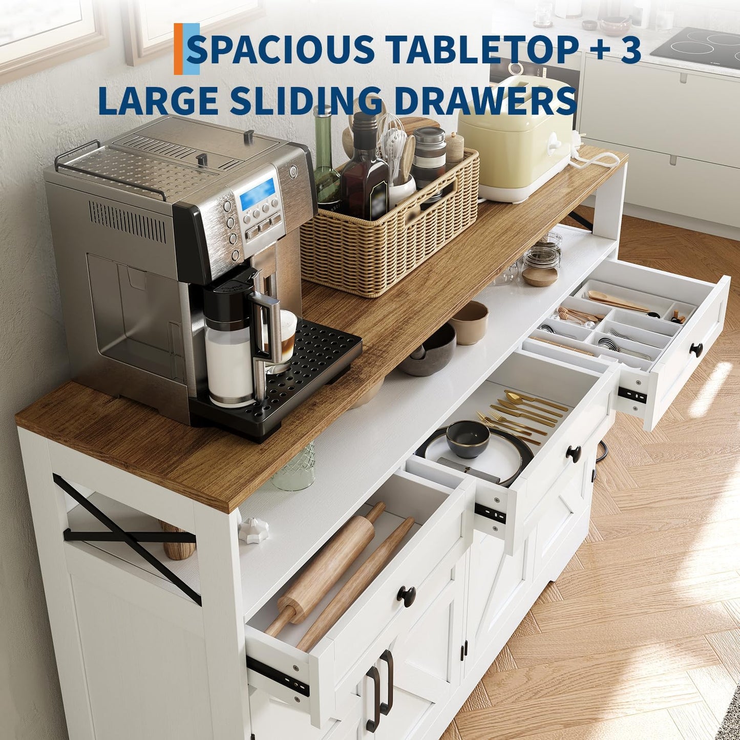 Garvee 55" Farmhouse Buffet Cabinet with Charging Station & 3 Drawers, Sideboard Buffet Cabinet with Storage and Open Shelf, Coffee Bar Station for Kitchen Dining Room Living Room, White