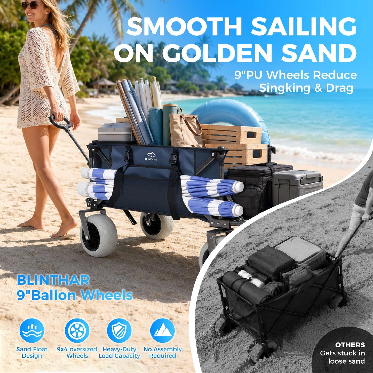 Heavy Duty Beach Wagon with 9" Big Sand-Proof Wheels, Extended Tailgate Design, 440lbs Folding Wagon Cart, 41" Utility Wagon with Side Bag, Adjustable Handle for Sand, Outdoor