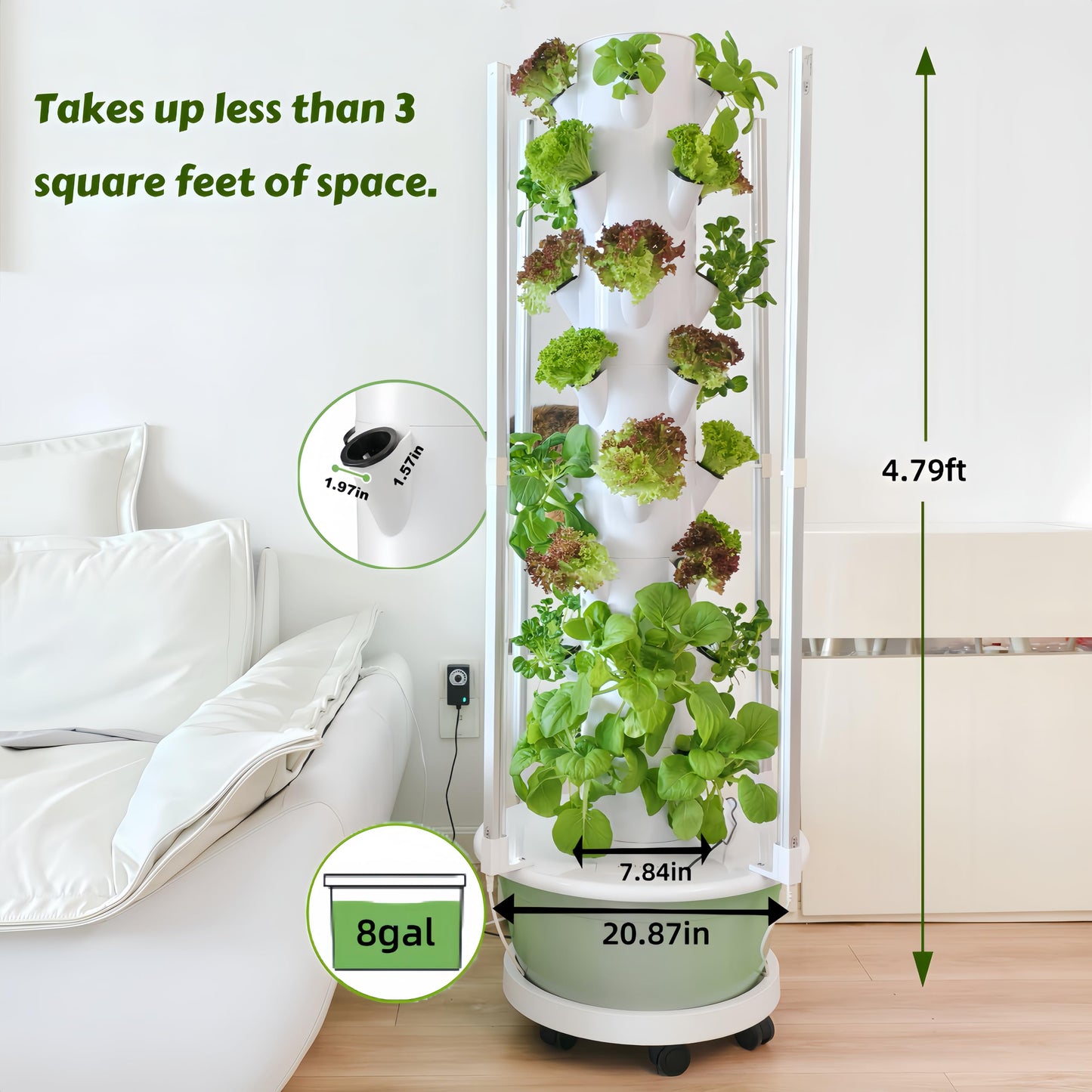 Hydroponic Growing Tower with LED Lights, 8-Layer 32 Large Planting Sites, Automatic Watering System with Dual Timer, Indoor Vertical Garden for Tomatoes, Peppers, Cucumbers, Herbs and Vegetables