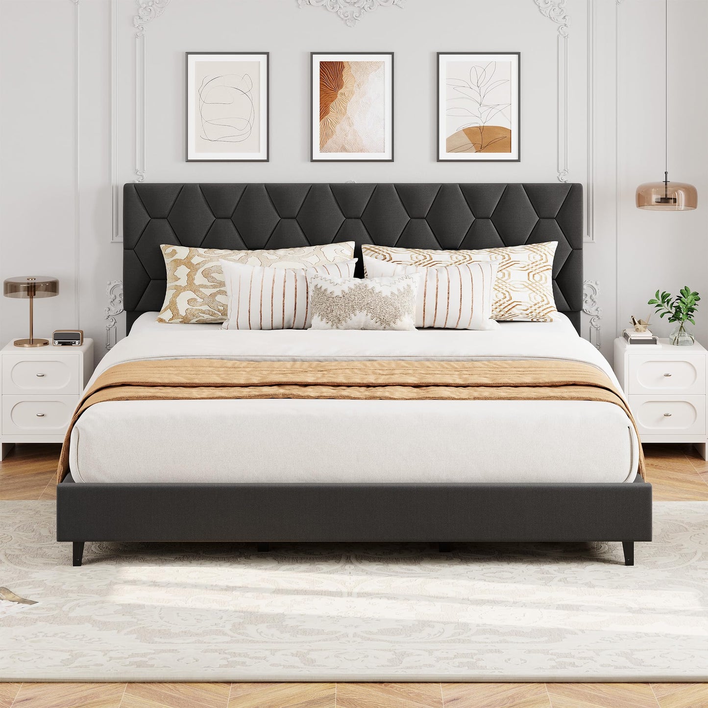 GAOMON Grey King Upholstered Bed Frame with Headboard, Heavy-Duty Platform Bed Frame with Strong Wood Slats, No Box Spring Needed/Easy Assembly/Noise Free