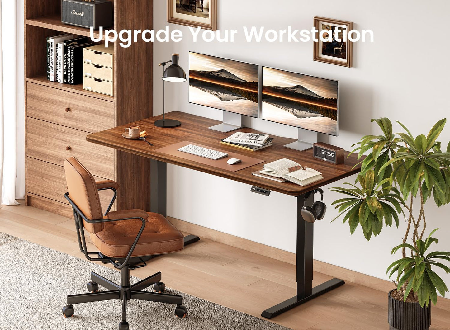 BANTI 55 × 28 Inches Standing Desk, Ergonomic, Electric Height Adjustable, Sit and Stand Up, Computer Desk with a Deeper Desktop, Black Frame/Black Walnut Top