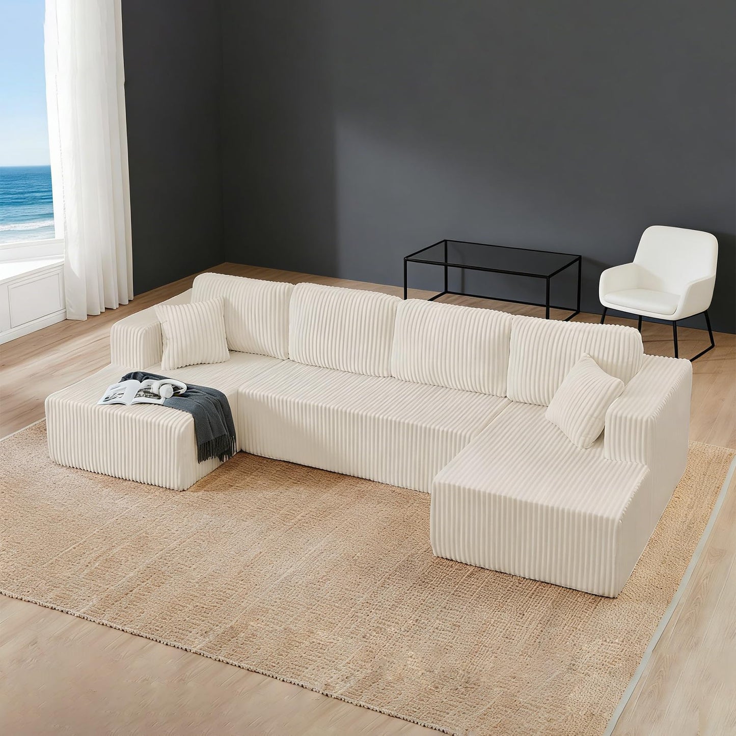 132.48" U-Shaped Sectional Couch, 4-Seat Frameless Modular Sofa with Oversized Chaise, Big Comfy Cloud Couch Set in Soft Corduroy, No-Assembly Boneless Sofas for Living Room, Compressed, Beige