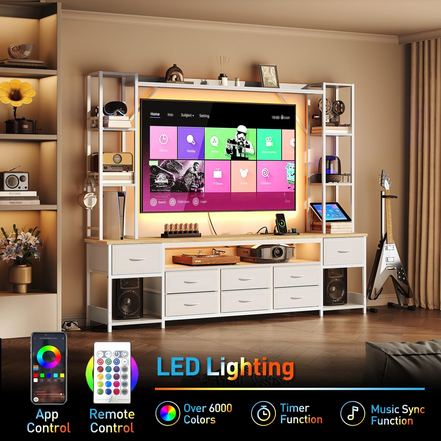RALGEND Large Entertainment Center for Living Room, Wall Unit TV Stand with Bookshelves for TVs up to 65", Media Cabinet with Storage Drawers, LED TV Console with Power Outlets, White and Natural
