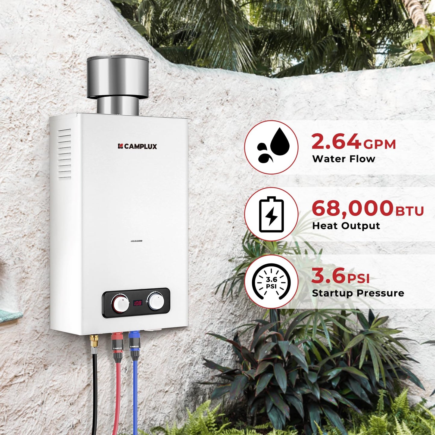 CAMPLUX 2.64 GPM Portable Tankless Water Heater, Outdoor Propane Water Heater with 4.33" S/S Rain Cap, for Camping, Cabin, Windproof Design, 68,000 BTU, BD264C