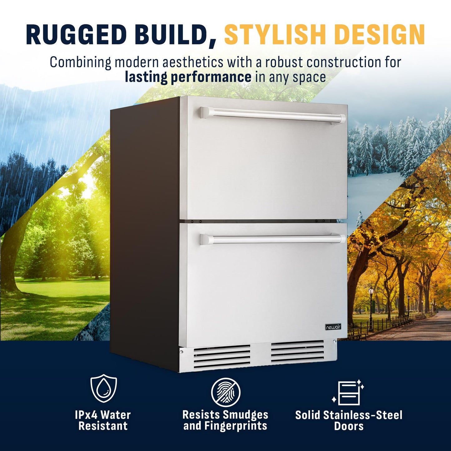 NewAir 24” Dual Zone Outdoor Beverage Fridge and Freezer | Freestanding or Built-In Under counter Refrigerator for Outside Patio | Dual Drawers that Refrigerate and Freeze | Stainless Steel
