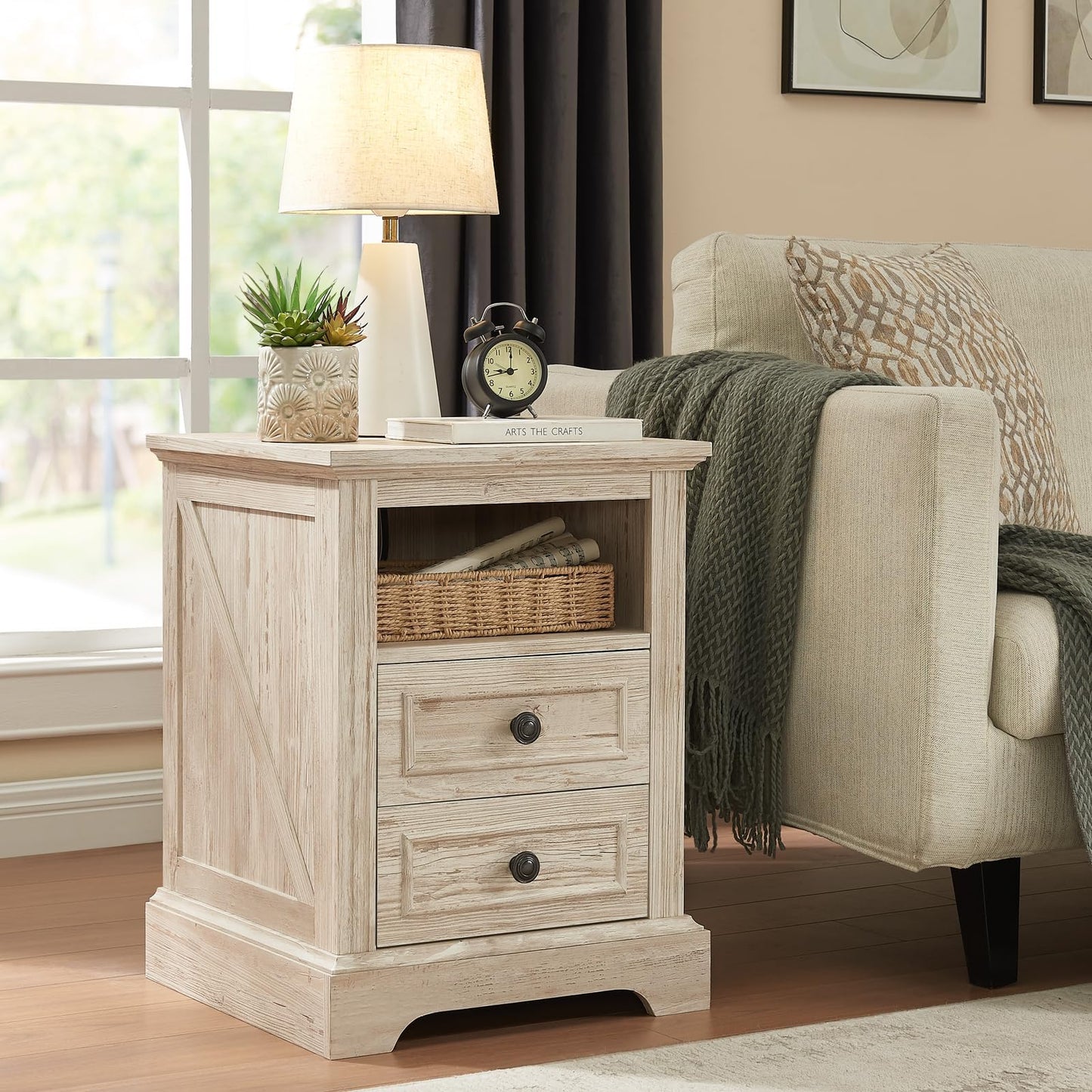 QUW Nightstand Set of 2 with Charging Station, Bedside Table with Open Storage and 2 Drawers, Side Table 18" Retro, End Table for Bedroom, Living Room, Washed Gray