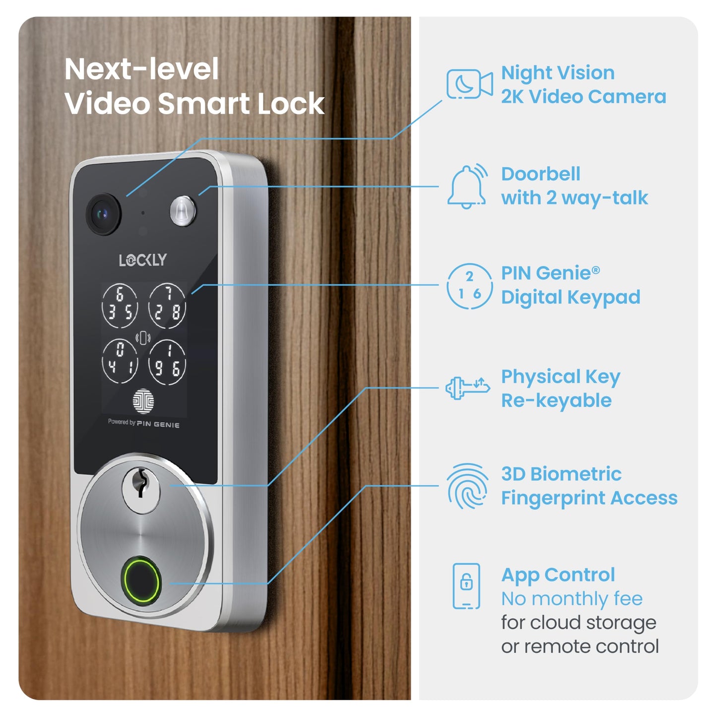 Lockly Vision Zeno Smart Lock with Video Doorbell Camera, Fingerprint Keyless Entry with Apple Home Key, Wi-Fi Deadbolt for Front Door, PIN Genie Keypad, App Remote Control, 2 Rechargeable Batteries
