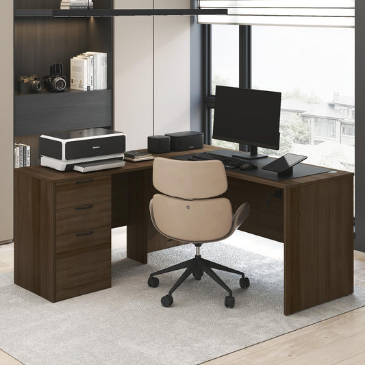 Furinno Roger 60 Inch L-Shaped Executive Desk with File Cabinet, L-Shaped Office Desk with 3-Drawer Fixed Pedestal Filing Cabinet, Desk Cord Grommet, for Home Office, Modern Walnut