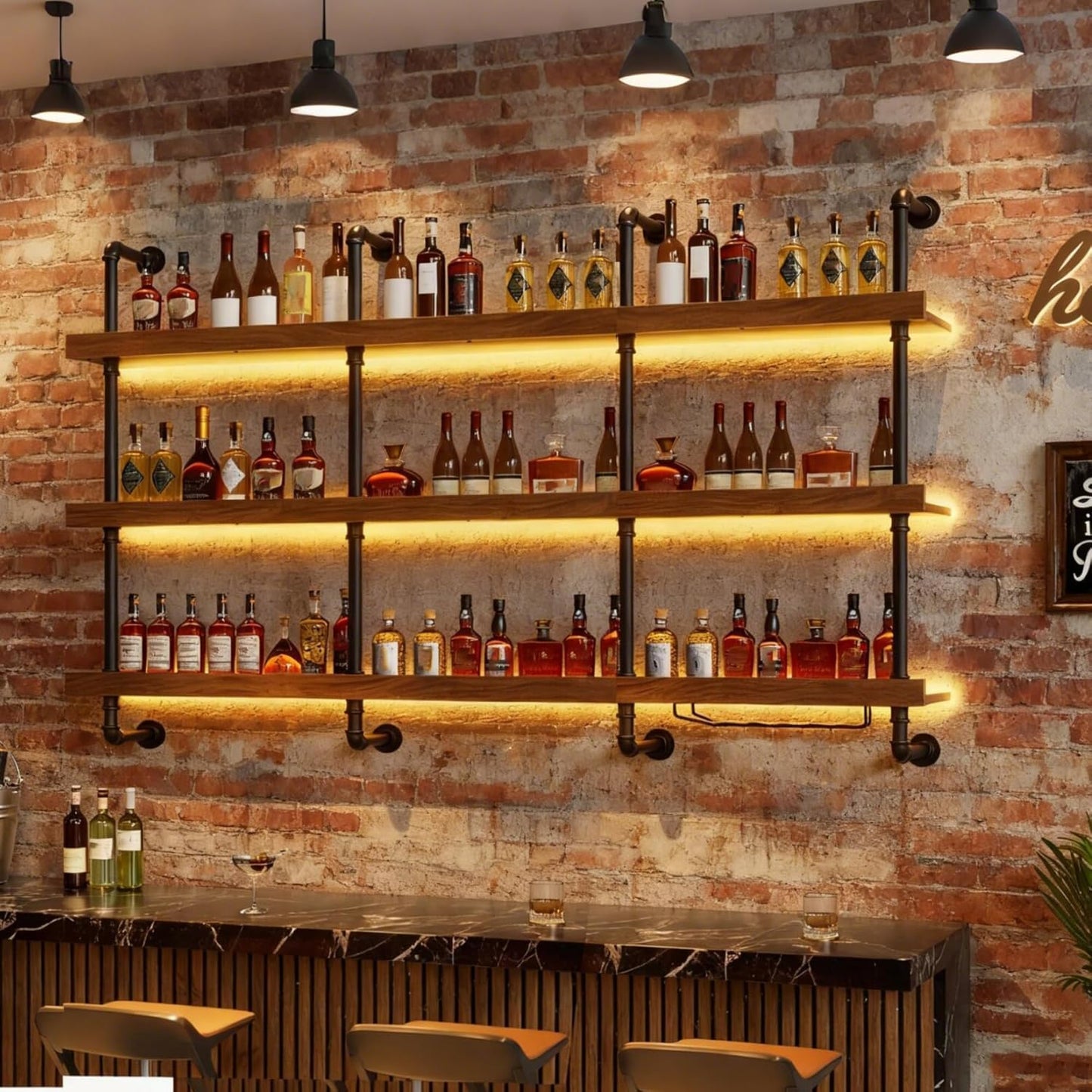 Dawselod Solid Wood Wine Racks Wall Mounted with LED Lights, Metal Wine Bottles Display Shelf, Industrial Floating Lighted Bar Shelves Liquor Rack for Home & Dining Room (120cm/47.2in)