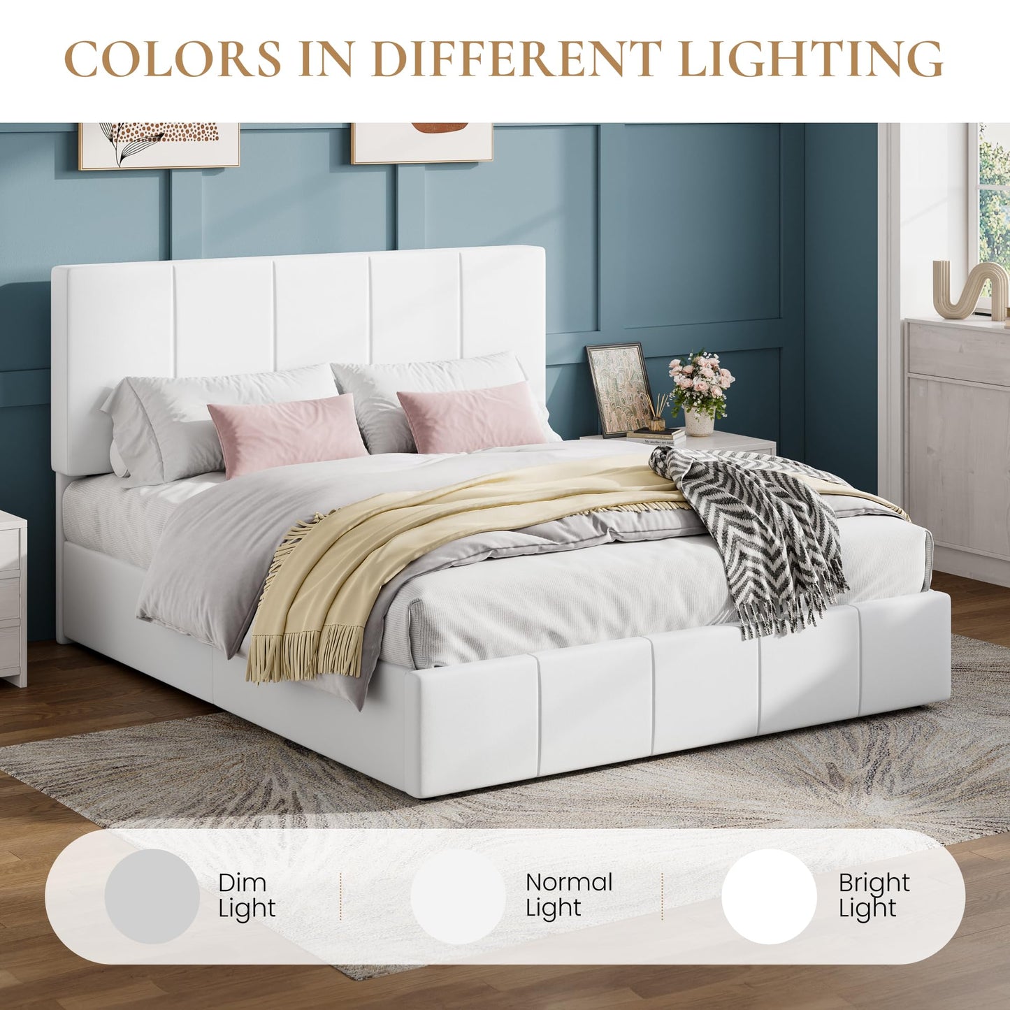 SHA CERLIN Queen Bed Frame, Velvet Upholstered Platform Bed Frame, Vertical Channel Tufted Adjustable Headboard, Low Profile Bed Frame, No Box Spring Needed, Easy Assembly, White