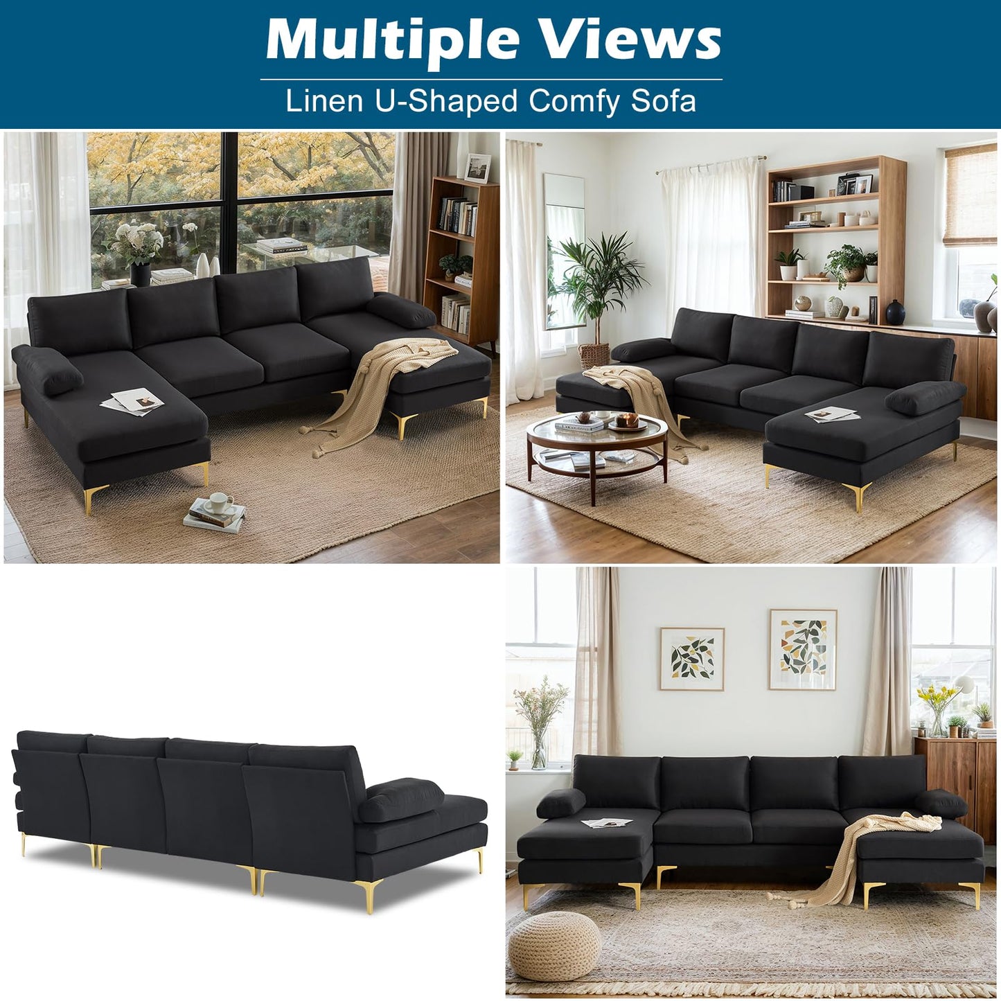 VINGLI 110" Modern Sectional Couch with 51" D Double Chaise, Black Deep Seat U Shaped Couch with Removable Pillows & Metal Legs, Comfy 4-Seat Sofas for Living Room, Linen Fabric