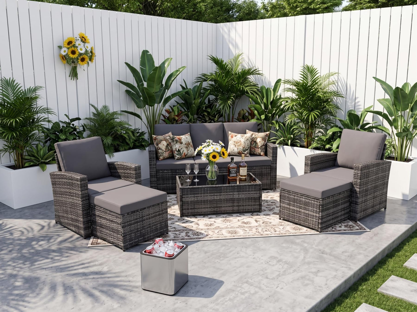 KEIKI 6Pcs Outdoor Patio Conversation Furniture Sets with Couch,Chair, Glass Coffee Table & Ottoman, PE Wicker Sectional Couch Sofa Seating with Thick Cushion for Backyard Lawn Poolside, All-Weather