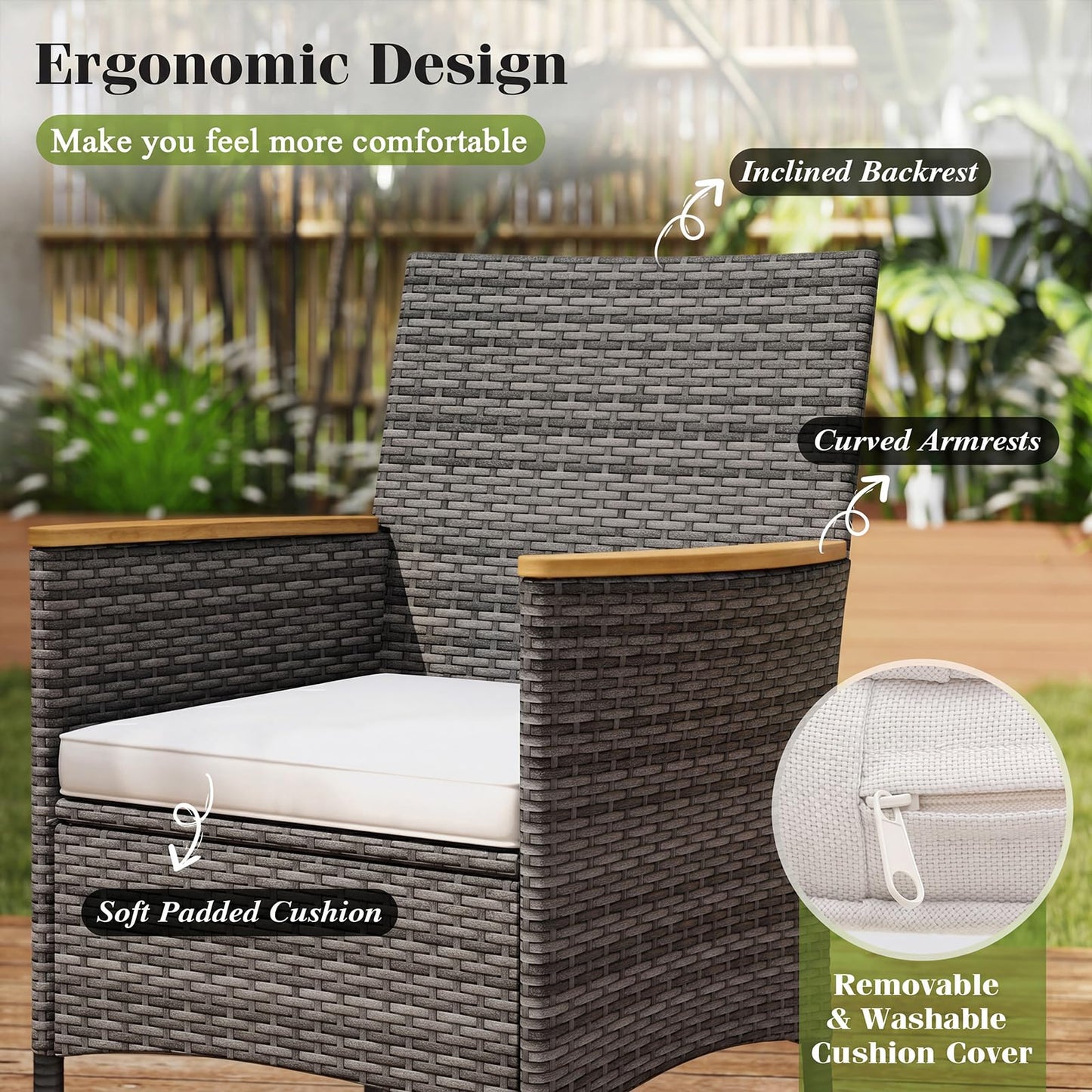 Tangkula 9 Pieces Outdoor Wicker Dining Set, Patio Dining Furniture Set with Acacia Wood Table and 8 Armchairs, Outdoor Table and Chairs Set with 1.96” Umbrella Hole and Cushions