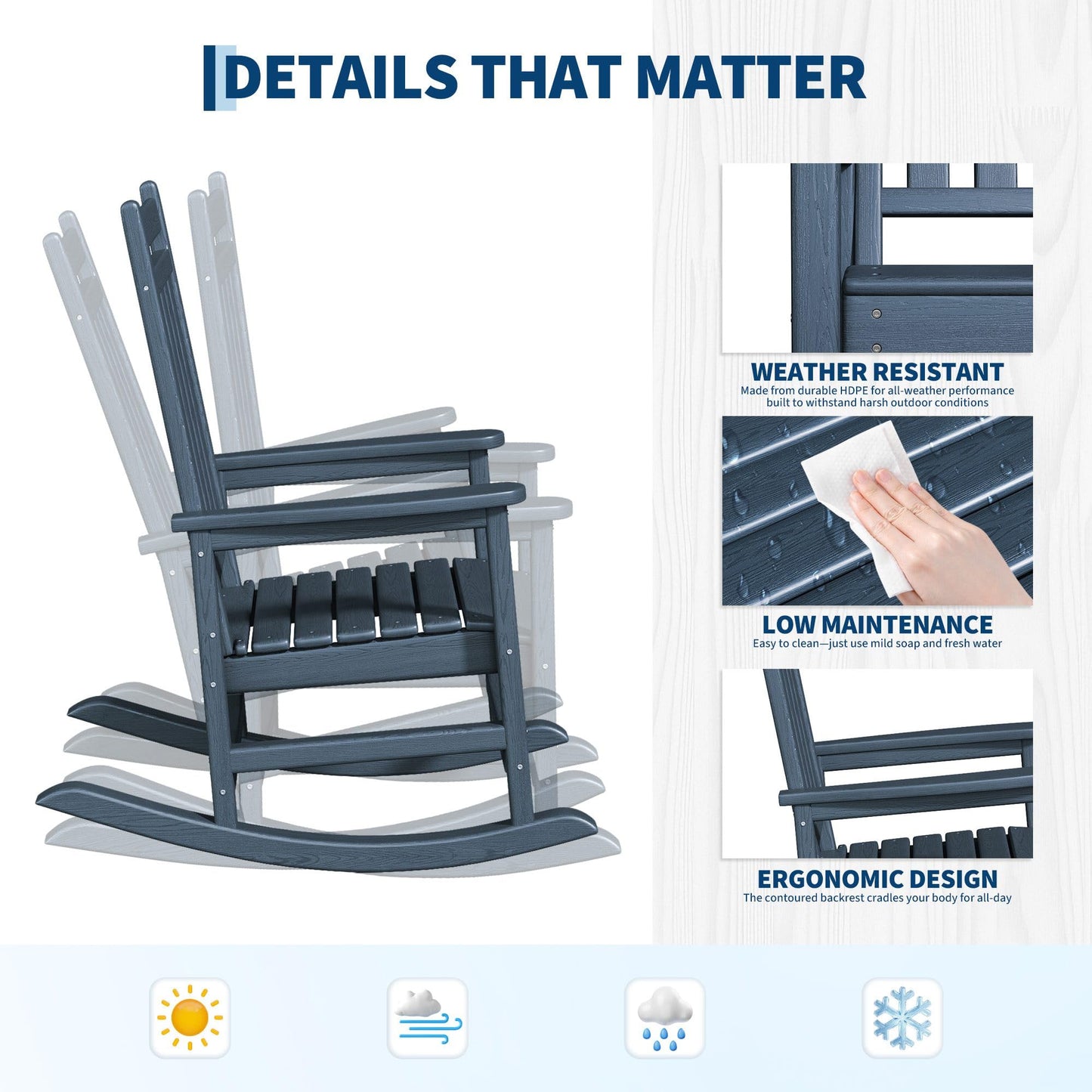 Garvee HDPE Rocking Chair Outdoor Set of 4 with 2 Side Table - Poly High Back Porch Rocker Chairs for Adults - All Weather Resistant Furniture for Patio Front Porch - Navy Blue