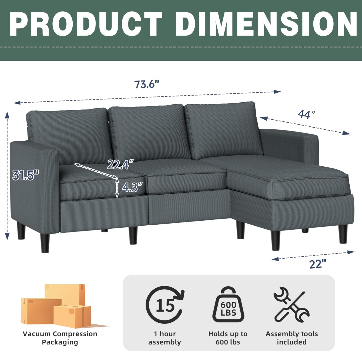 SUNLEI L-Shaped Sectional Couch, Modern Grey Reversible Sectional Sofa with Reversible Ottoman, 3-Seat Compact Couches for Living Room Apartment, Studio & Office, Easy Assembly, Grey