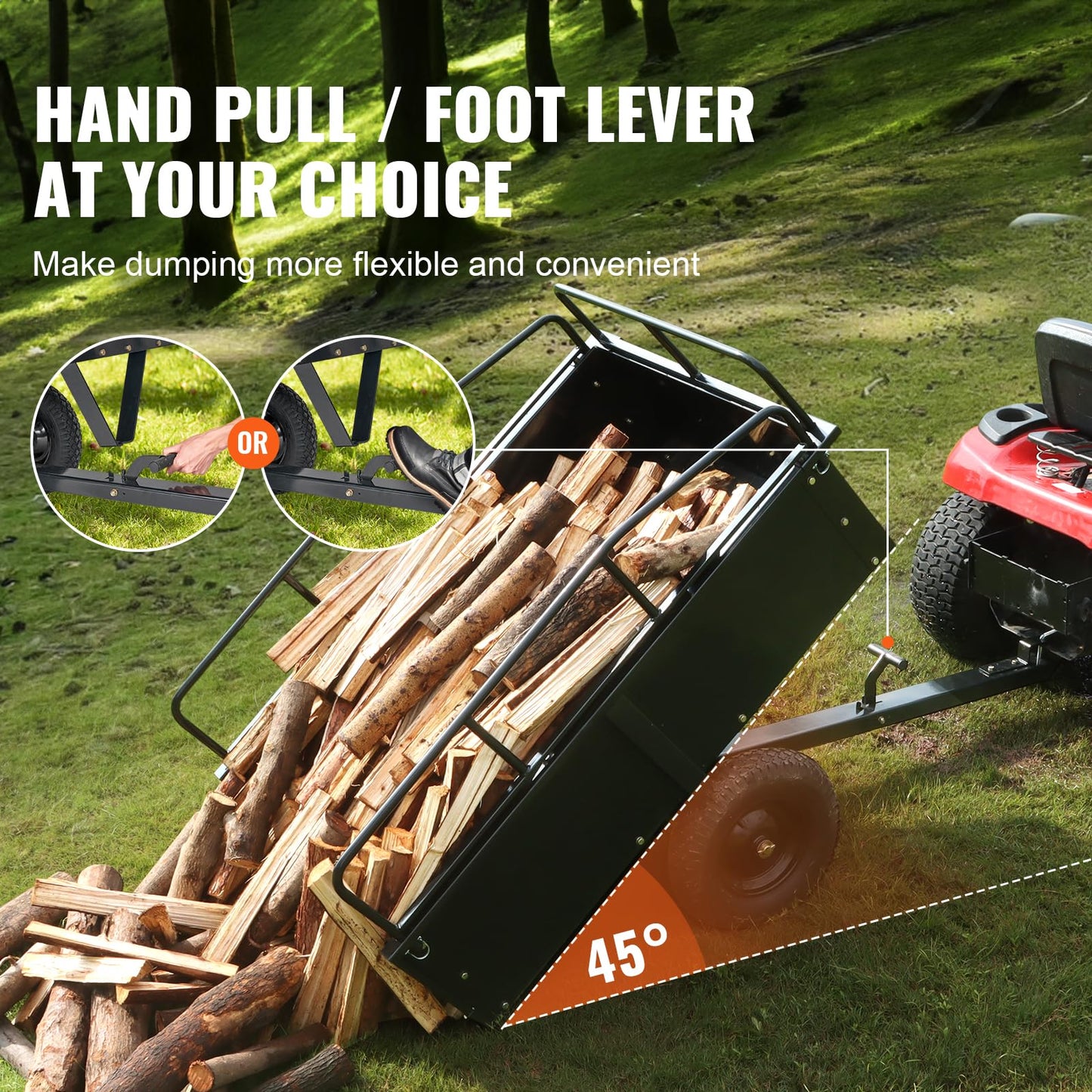 VEVOR Heavy Duty ATV Trailer Steel Dump Cart, 750 lbs 15 Cubic Feet, Garden Utility Trailer Yard Trailers with Removable Sides for Riding Lawn Mower Tractor