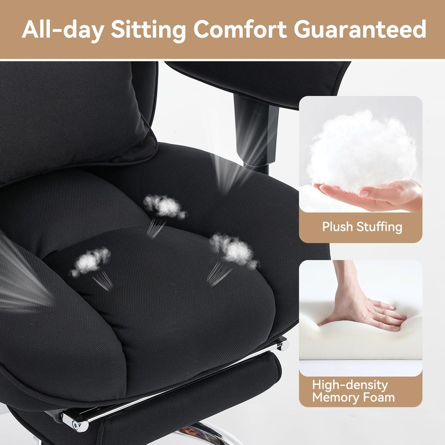 Efomao Big and Tall Office Chair with Footrest - 400lbs Heavy Duty Pocket Spring Desk Chair, 7" Thick Cushion Breathable Fabric Executive Office Chair, Ergonomic Reclining Workstation, Black