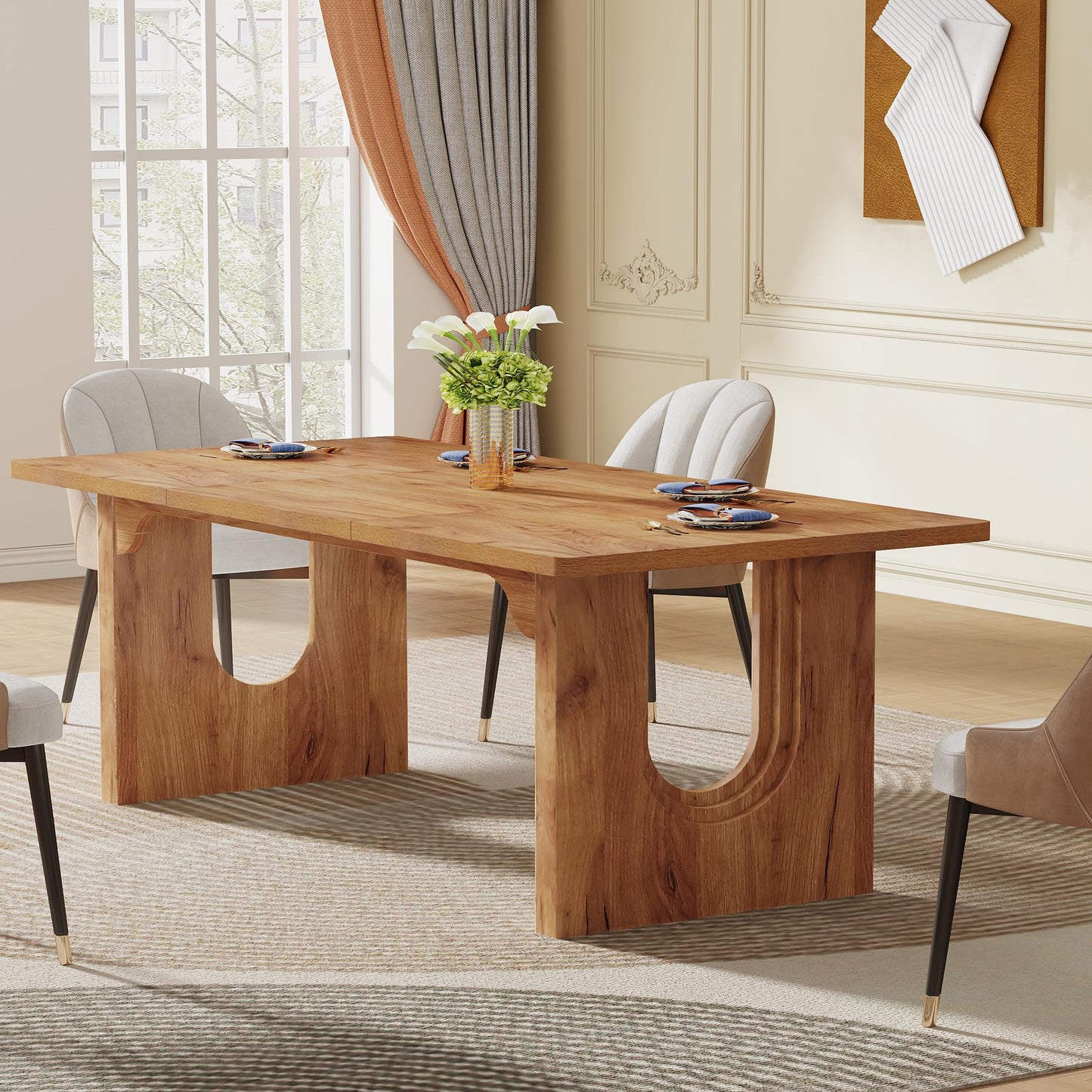 Tribesigns Modern Dining Table for 6 to 8 People, 71" Large Kitchen Dining Table with Wood Pedestal Base, Rectangular Long Dinner Table for Kitchen, Dining Room, Living Room, Rustic Brown