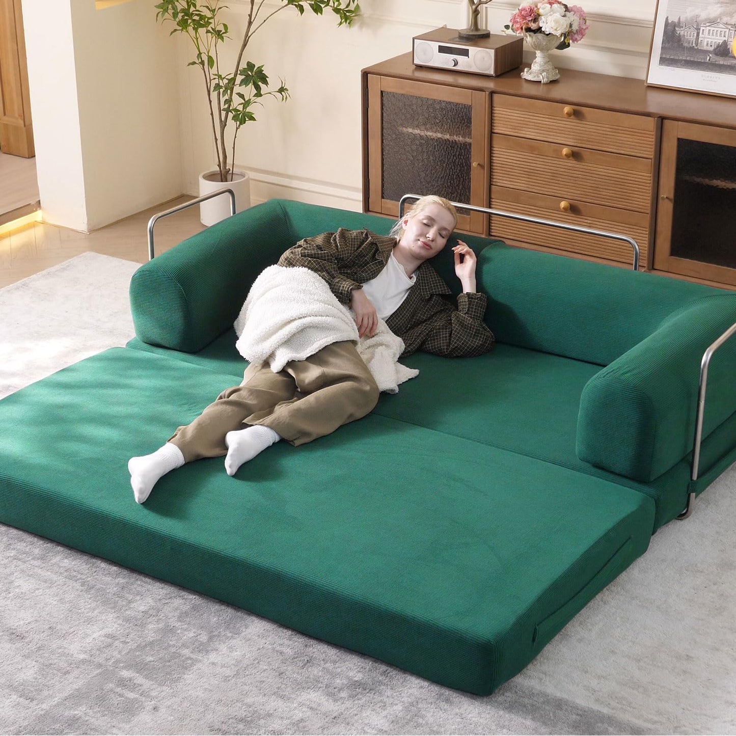 WHGBJA 79" Convertible Sleeper Sofa Bed with Cylindrical Pillow, Corduroy Folding Mattress Couch with Fixed-Shape Frame, Floor Sofa Lounge Couch for Living Room Bedroom Lounge Studio (Green)