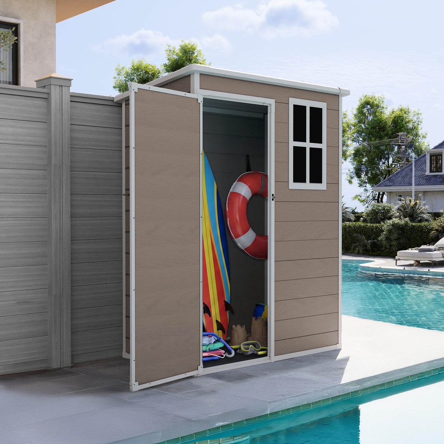 UDPATIO Outdoor Storage Shed 5x3 FT, Garden Resin Shed for Bike, Garbage Can, Tools, Outside Plastic Sheds with Floor for Backyard, Patio, Lawn, Brown