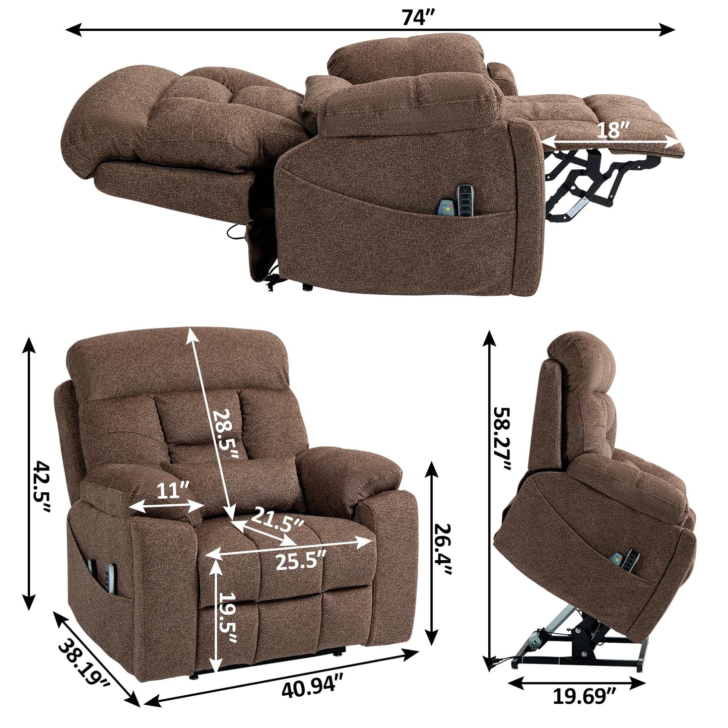 4 Motors Oversized Electric Lift Chair Power Recliner Sofa Chair for Adults with Massgae,Heat and Hidden Cup Holders, 180° Infinite Electric Reclining Armchair Comfy for Living Room, Bedroom,Office