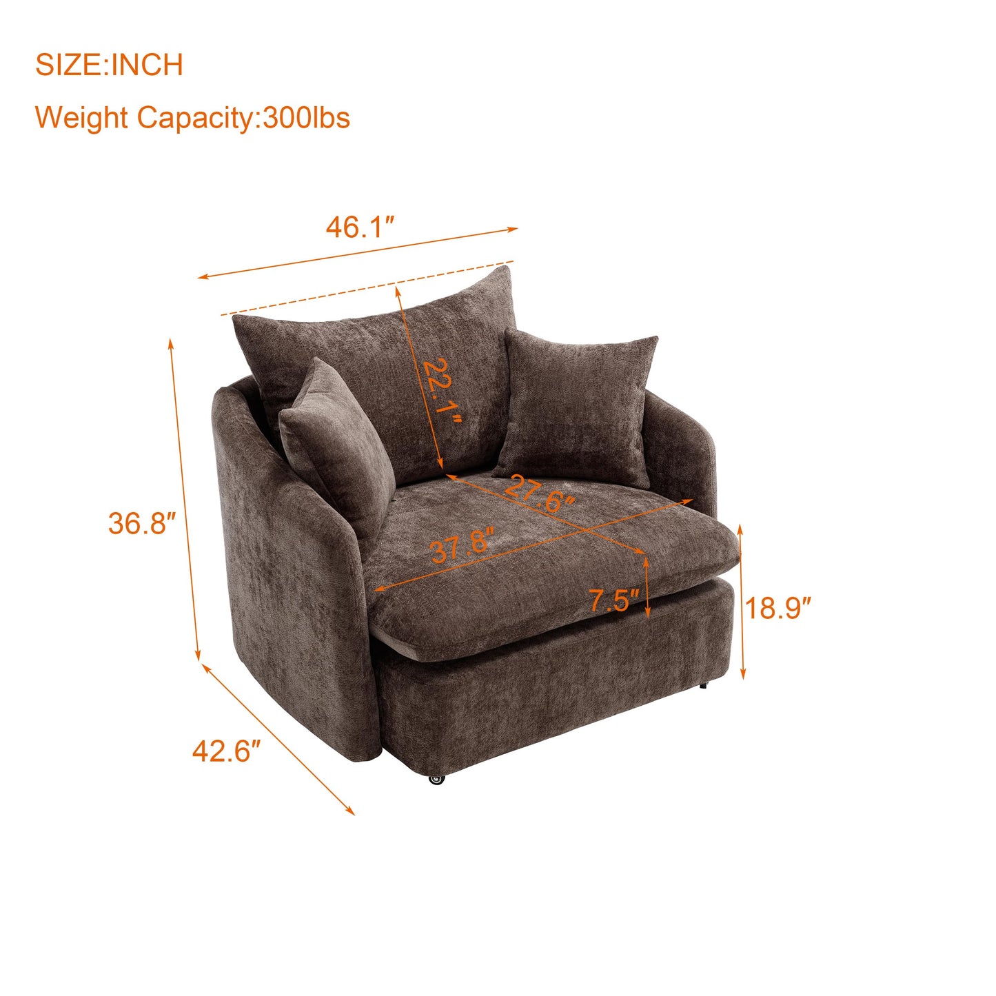 Eafurn 46'' W Oversized Swivel Barrel Chair, Chenille Upholstered Accent Chair for Living Room, Oversized Arm Chair Lounch Couches with 3 Pillows, Deep Seat & Extra Wide