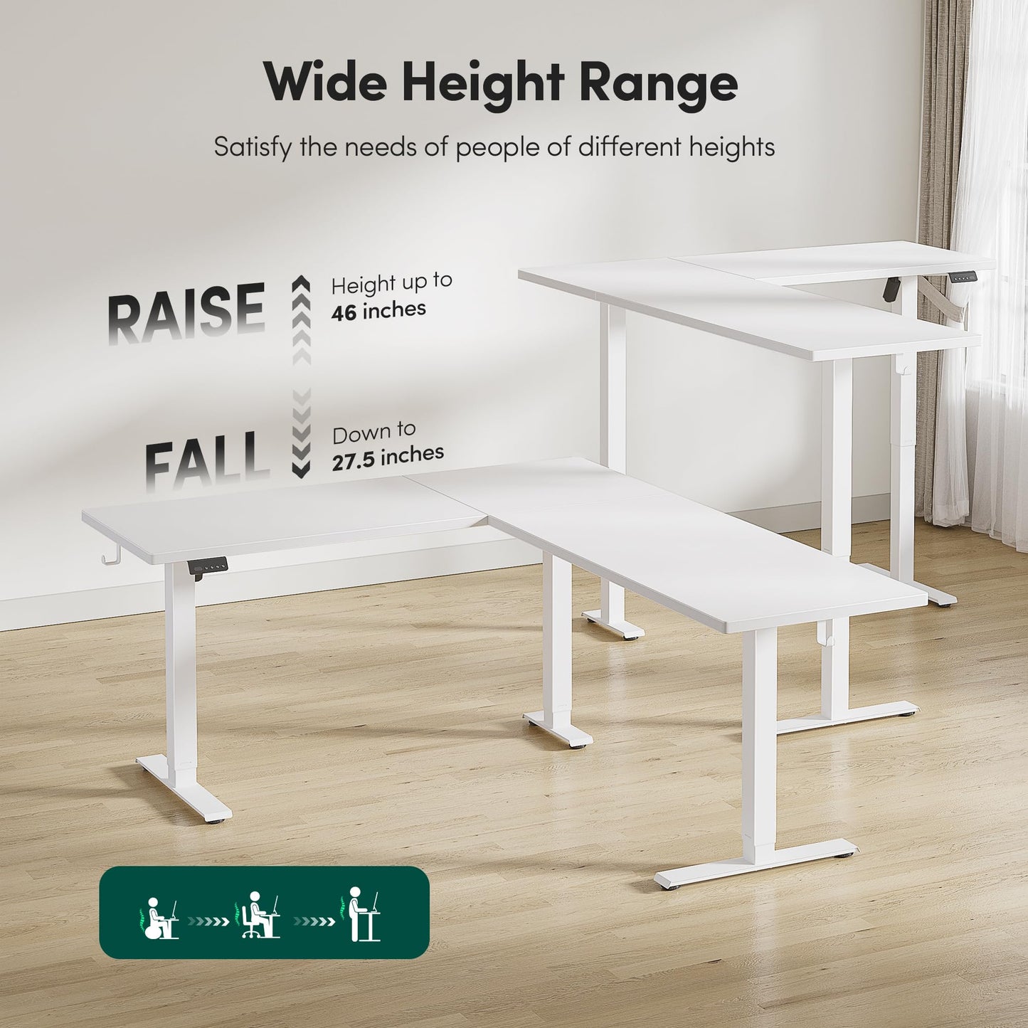BANTI L-Shaped Standing Desk - 75 x 63 Inch Adjustable Corner Standing Desk with Charging Station - L Shape Sit Stand Table with Memory Controller, Splice Board for Home Office, White