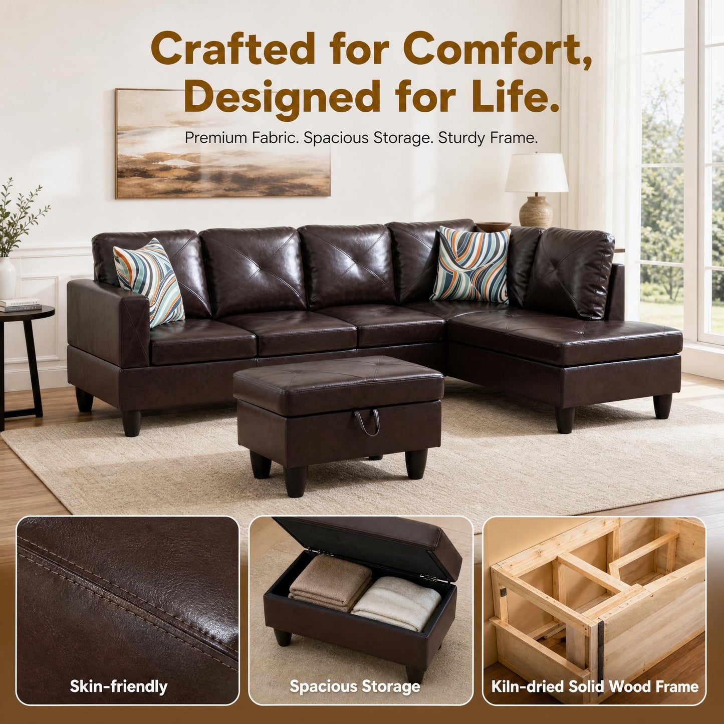 Trygoal 97" Leather L Shaped Couch with Right Chaise & Cup Holder, Sectional Sofas Modular Furniture Set with Storage Ottoman, Convertible Couches for Living Room, Small Space & Office (Brown)