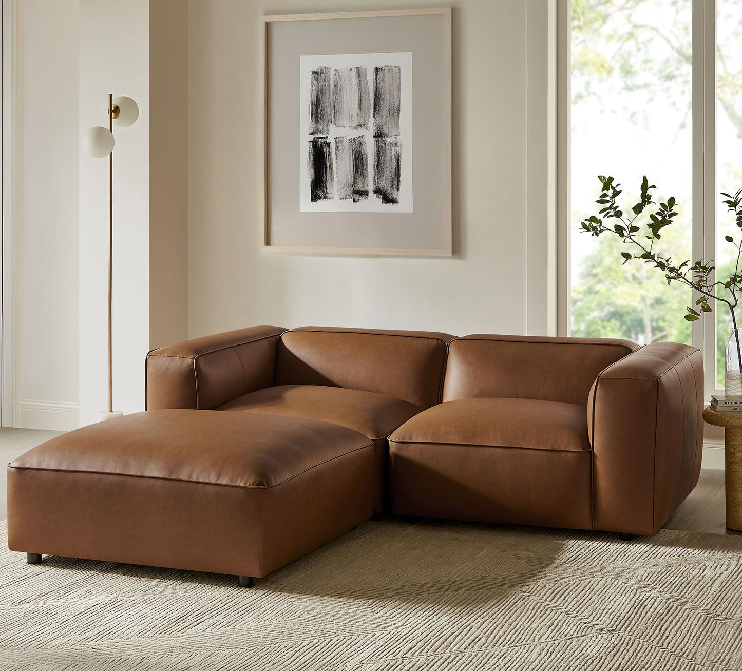 Modway Auren Vegan Leather 3 Piece Modular Sofa in Coffee - Faux Leather Loveseat with Ottoman - Comfy 2 Seater Sofa with Footstool - Mid Century Couch for Living Room, Apartment, Loft