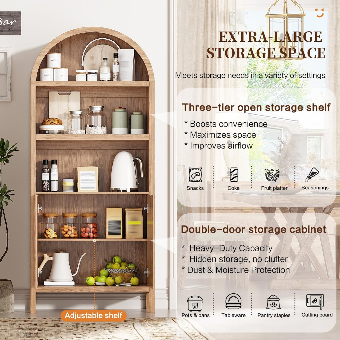 Ieejdn 71" Tall Arched Kitchen Pantry,Modern Fluted Wood Storage Cabinet with Doors,Adjustable Shelves,Organizer, Versatile Cupboard for Kitchen,Living Room,Dining Room,Bathroom,Wood