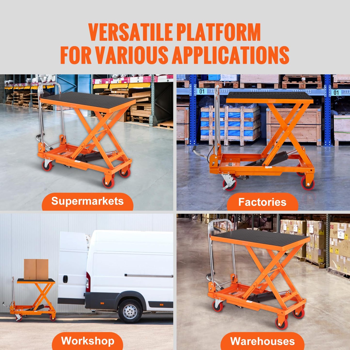 VEVOR TF15 Hydraulic Lift Table Cart, 330lbs Capacity 28.5" with 4 Wheels and Non-Slip Pad, for Material Handling and Transportation, Orange