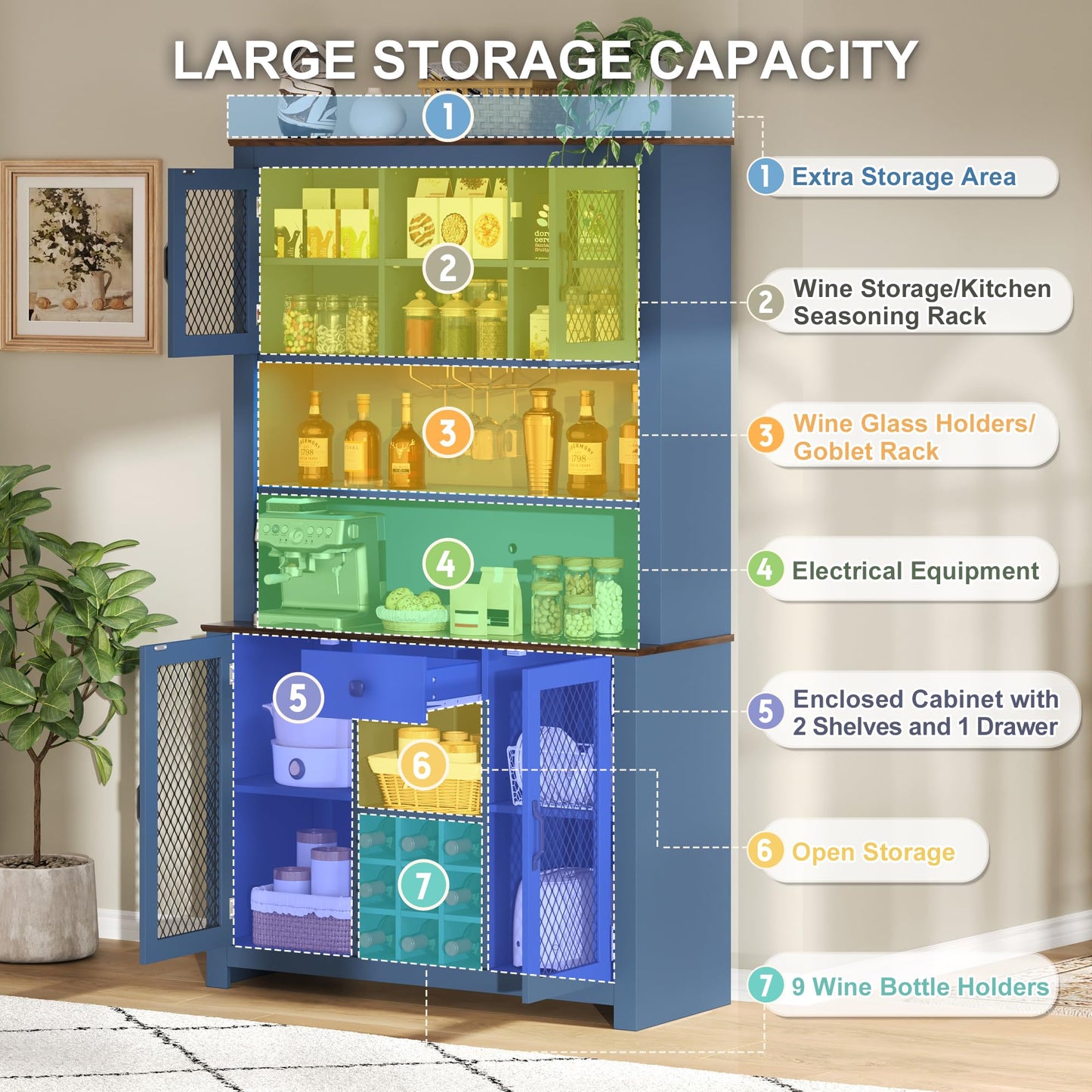 Merax 70.9" Tall Kitchen Pantry Storage Cabinet with Charging Station and LED Lights, Rustic Kitchen Hutch Food Pantries with Wine Rack, Drawer & Adjustable Shelves for Dining Room, Navy Blue