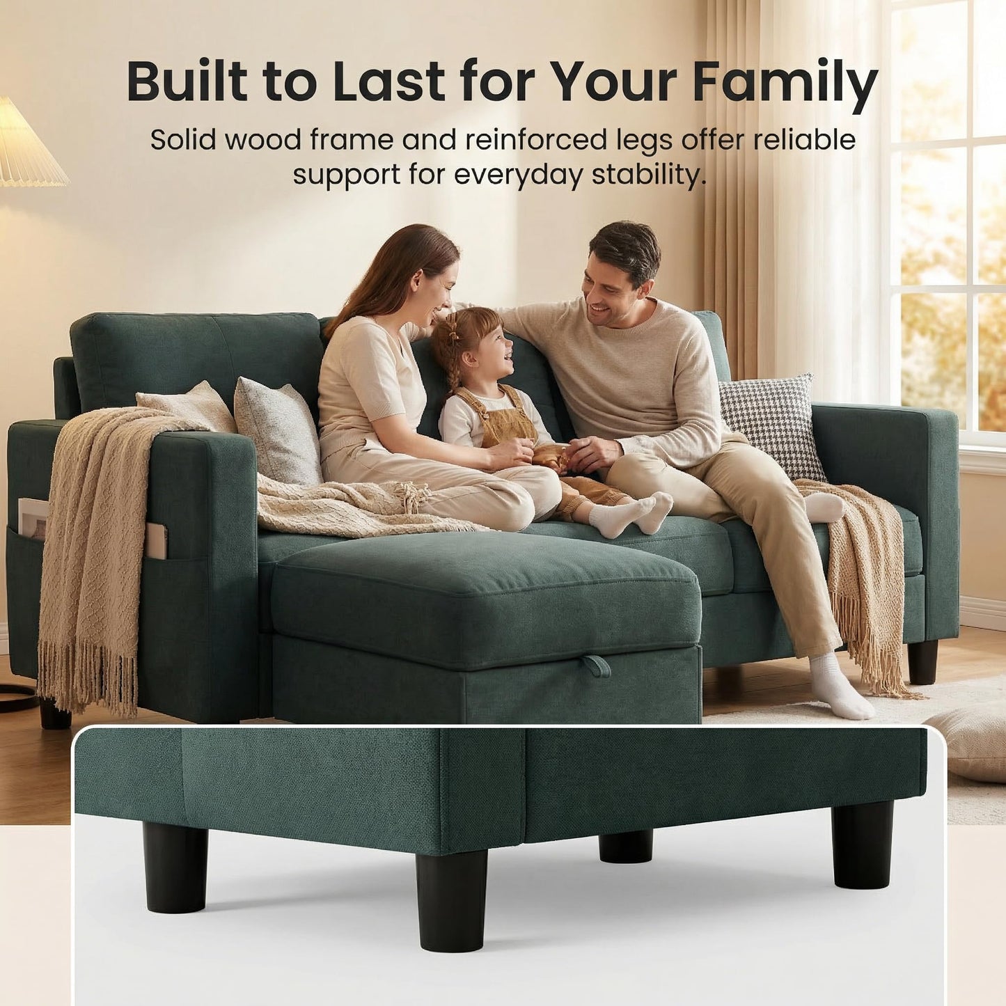 SUNLEI Convertible L-Shaped Sectional Couches for Living Room, Space-Saving 3-Seat Couch for Small Apartments & Living Rooms, Linen Fabric, Dark Grey