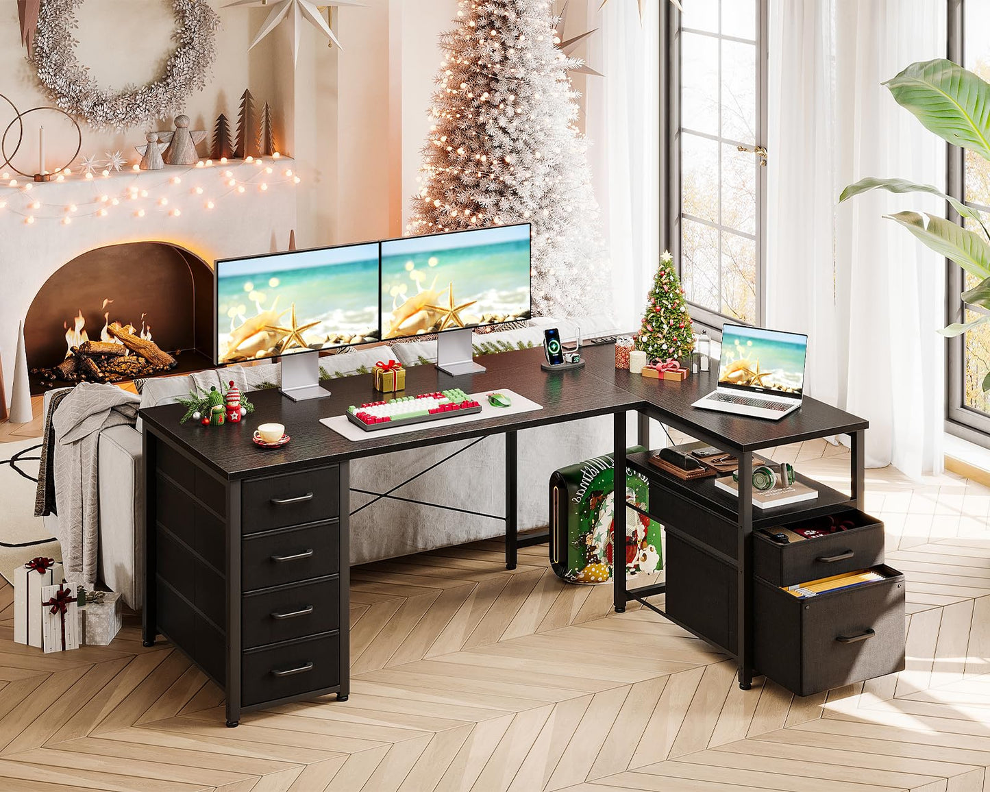 Coleshome L Shaped Computer Desk with 6 Drawers & Power Outlet, 55 Inch Corner Desk with Reversible Storage Shelf & File Drawer, Home Office Desk, Black