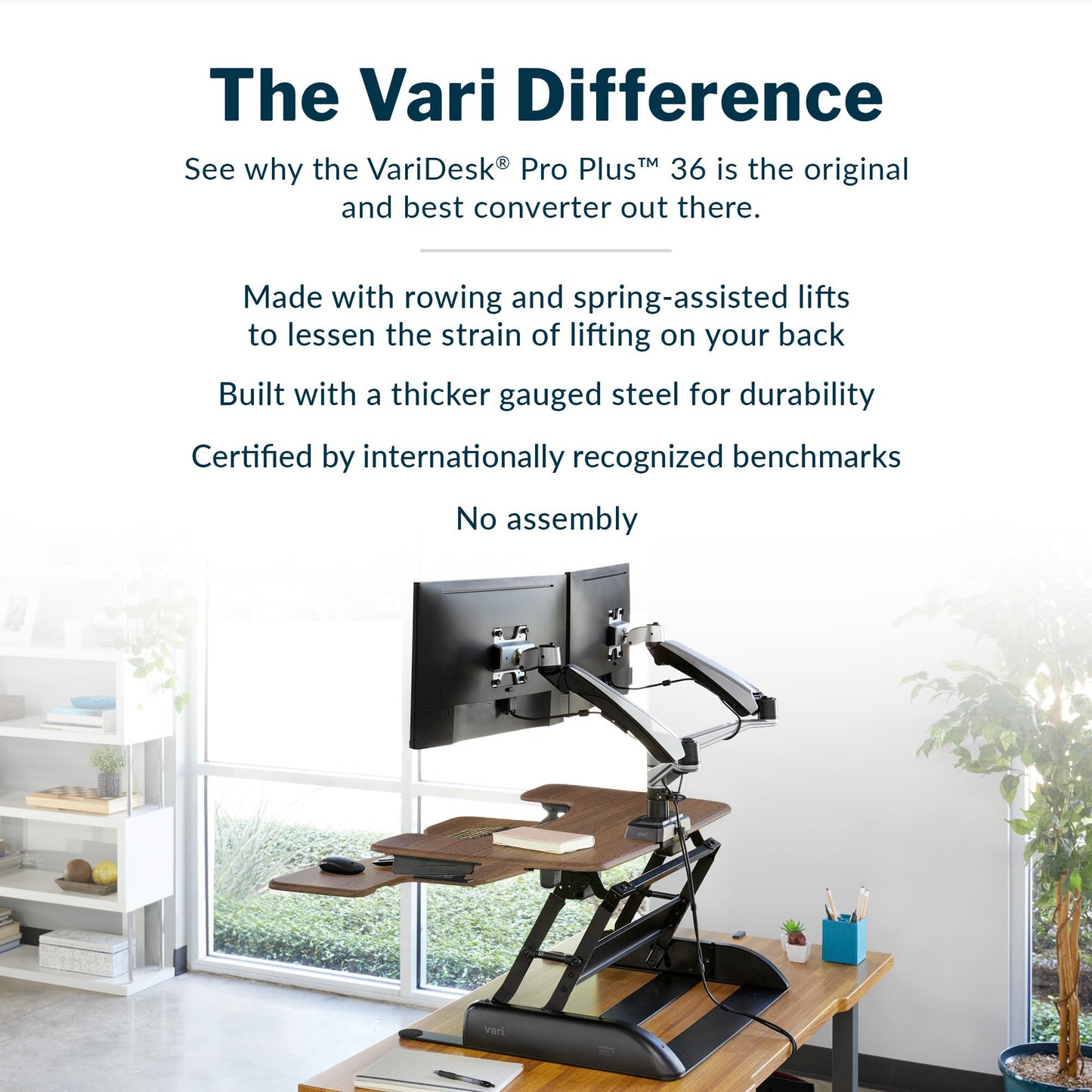 Vari VariDesk Pro Plus 36 Standing Desk Converter – 11 Height Settings + Spring Lift, 2 Tier Design, Keyboard Tray, Fits Desktops 36” Wide x 26.5" Deep – Delivers Fully Assembled (Walnut)