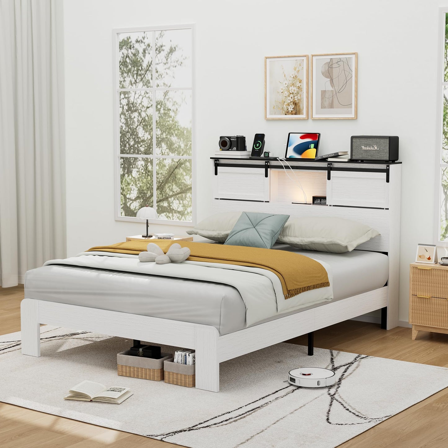 DNYN Farmhouse Platform Bed Frame with Storage Headboard and Dual USB Ports