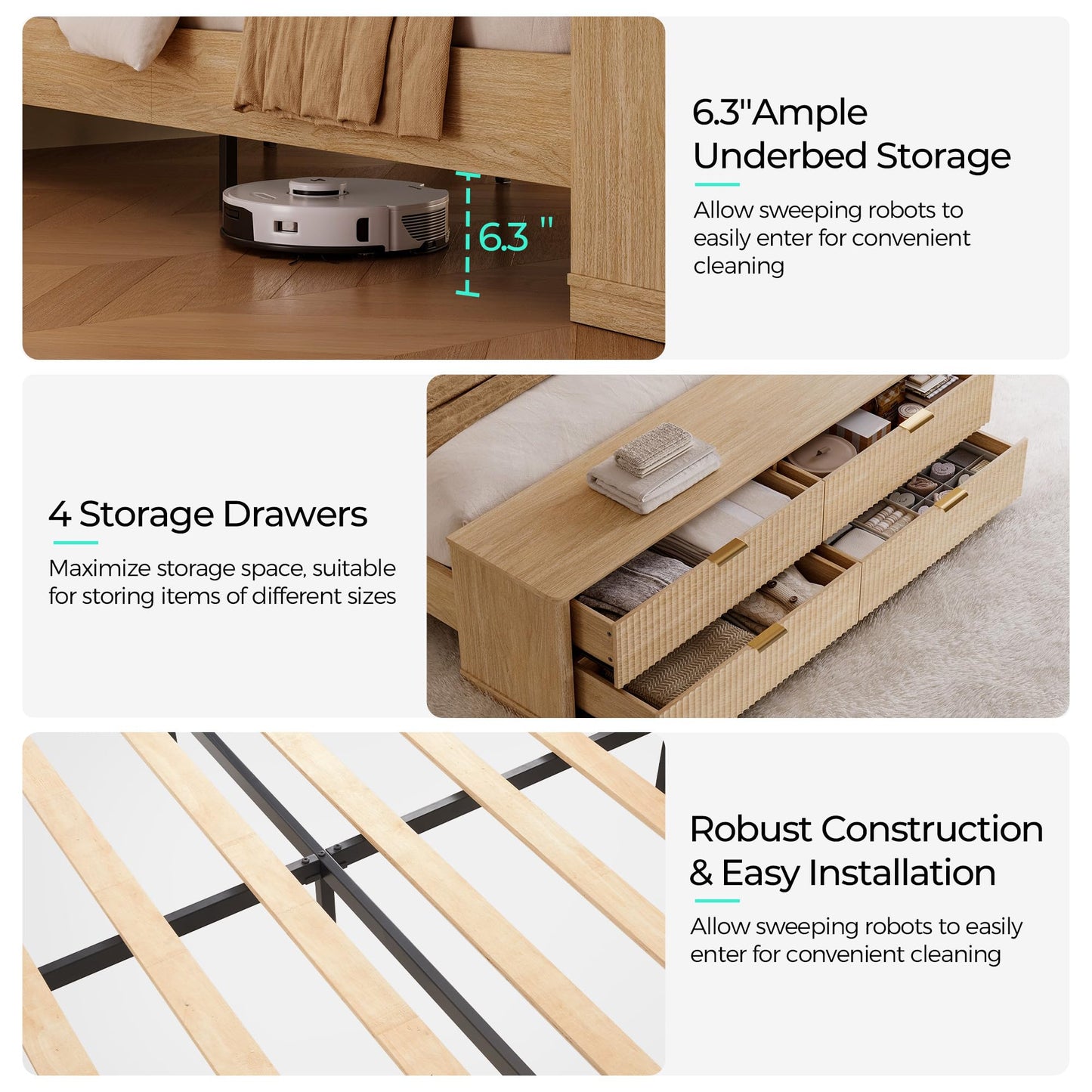 LINSY Storage Bed Frame Queen Bedframe with Drawers, Tall Bed Frame Queen-Size with Headboard and Footboard Bench, Fluted Boho Bed Frames Wooden Platform Beds with Storage, No Box Spring, Light Wood