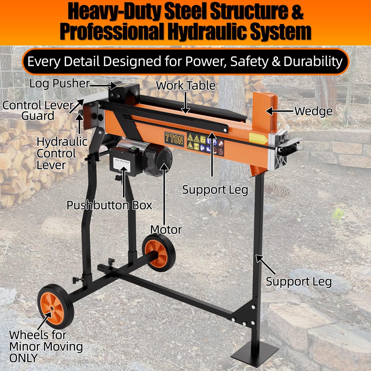 PPOLB 7 Ton Electric Wood Splitter, 15Amp Hydraulic Log Splitter with Stand, Portable Electric Log Splitter for Firewood, Compact Horizontal Wood Splitter for Backyard, Garage, Cabin - Orange