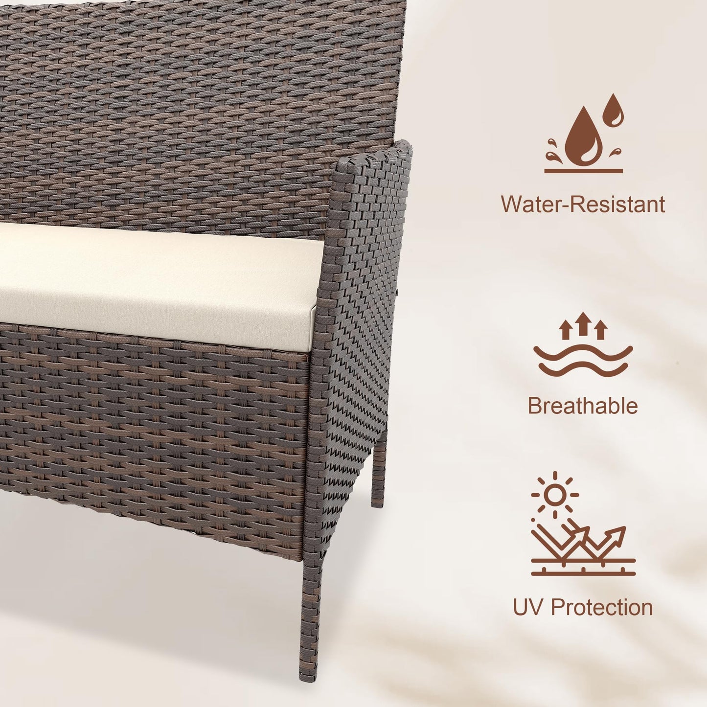 4 Pieces Patio Furniture Sets, Outdoor Wicker Conversation Sets with Soft Cushion and Glass Table, All Weather Manual Rattan Chairs for Garden, Terrace, Porch, Lawn, Poolside, Brown and Beige
