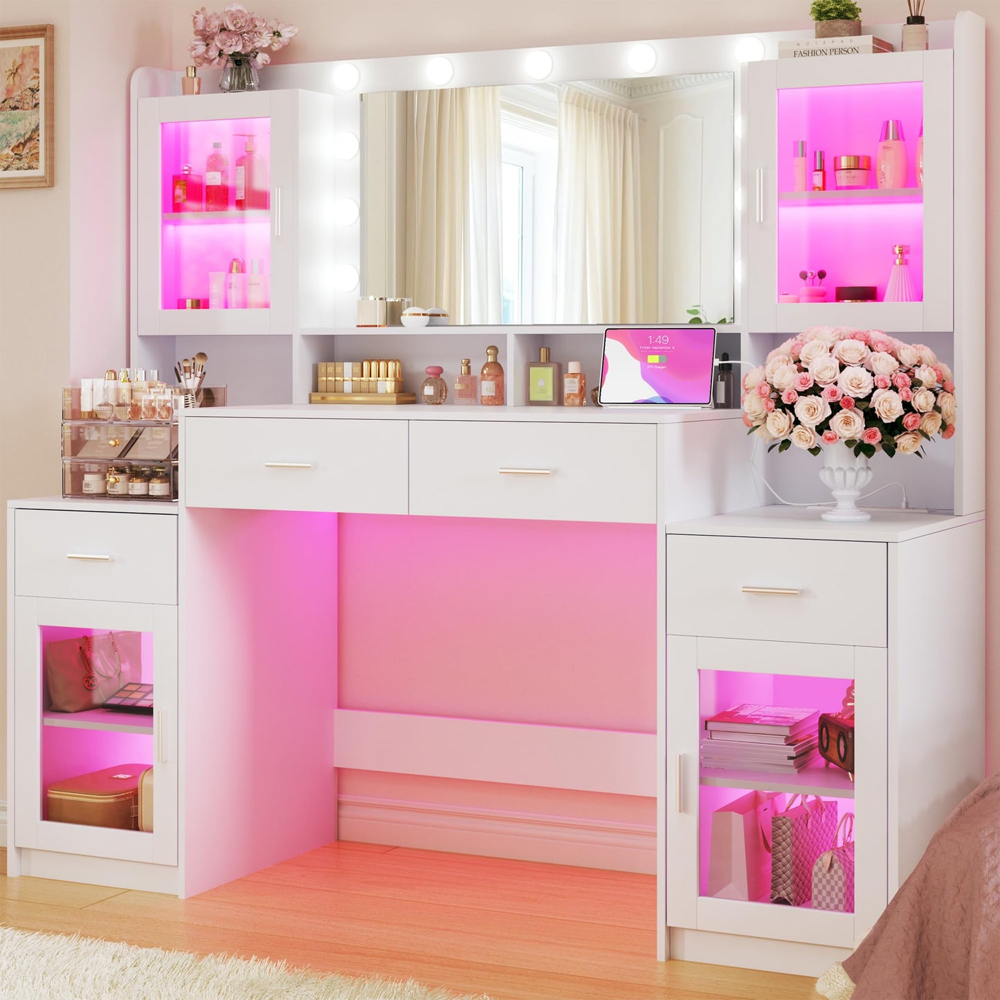HUAHUU Large Vanity Desk with Mirror & Lights, 54.3'' Makeup Vanity with 4 RGB Cabinets and 4 Drawers, White Vanity Set with LED Lights and Power Outlet, 3 Lighting Modes, Adjustable Brightness