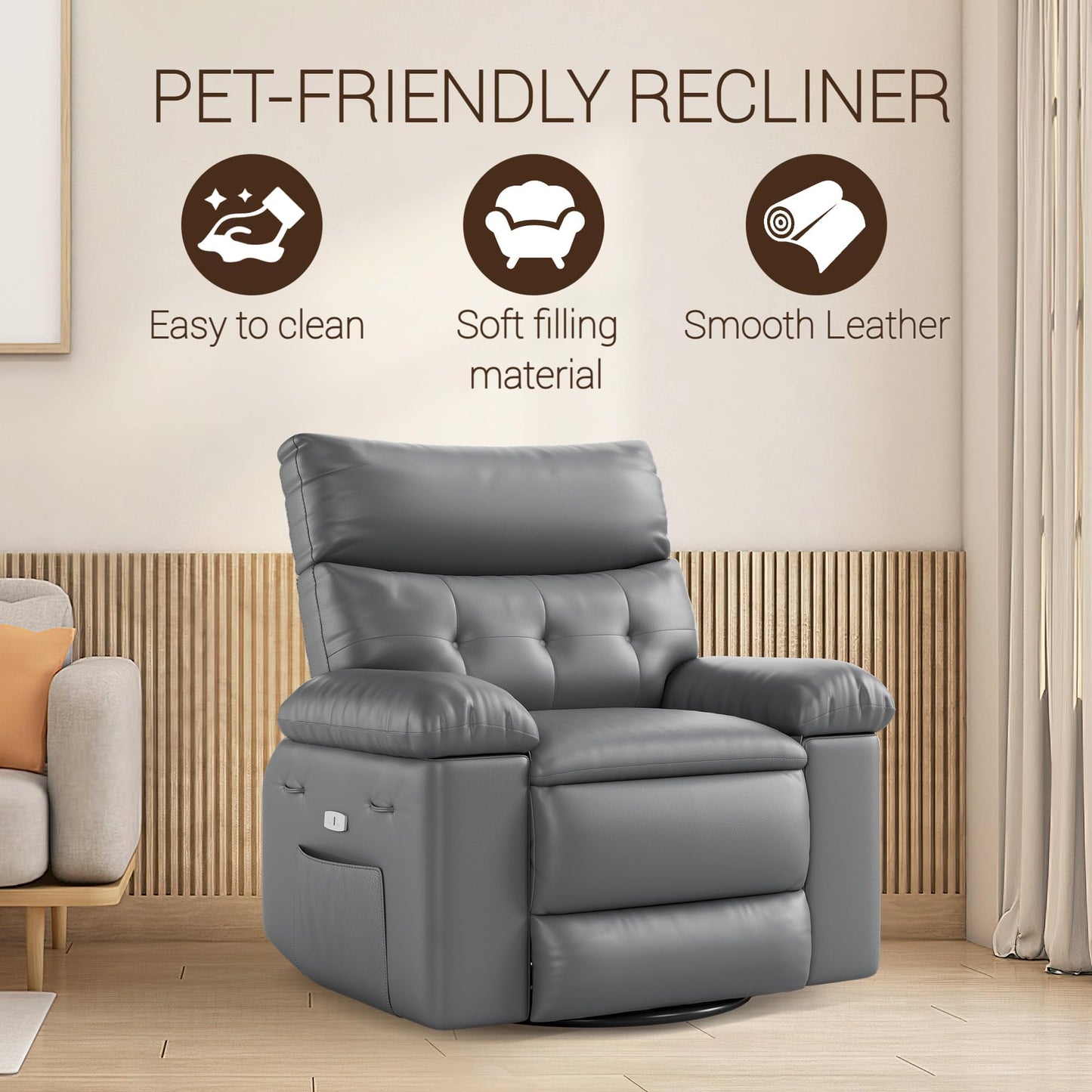 IDEALHOUSE Power Recliner Chair with Massage and Heat, Leather Fabric Reclining Sofa Chair, 360° Swivel Recliner Chairs with Cup Holder for Living Room, Bedroom, Nursery, Grey1