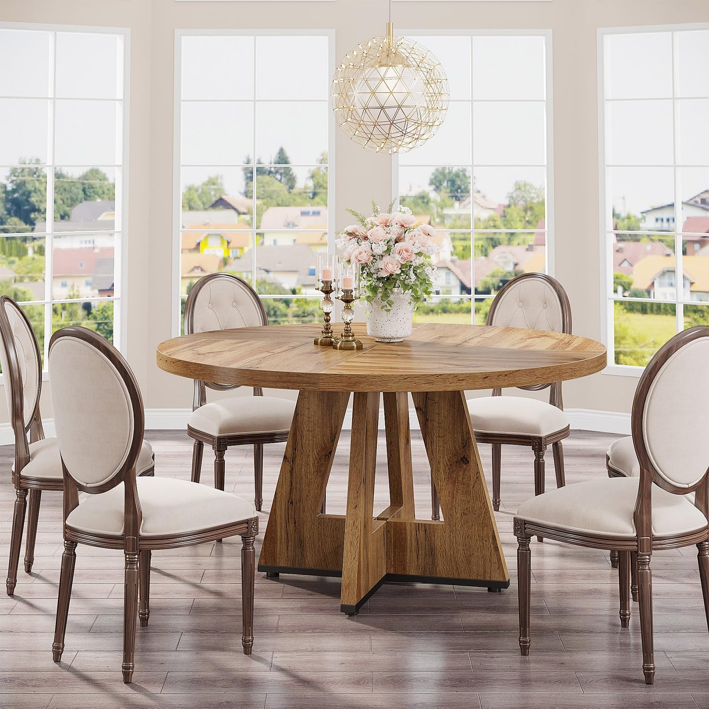 Tribesigns 47 inch Round Dining Table Wood Kitchen Table for Dining Room, 47" Dinner Room Tables for 4-6, Farmhouse Accent Furniture with Wooden Tabletop and Cross Base, Burlywood