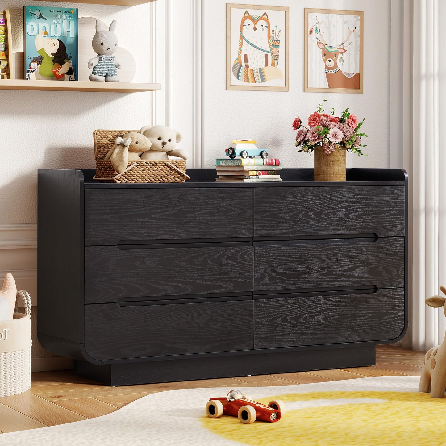 YUCHIATH Curved 6 Drawer Dresser for Bedroom, Modern 53-Inch Chest of Drawers, Wood Storage Dresser Organizers with Hidden Handles, 6 Drawer Dressers for Bedroom, Nursery, Living Room, Black