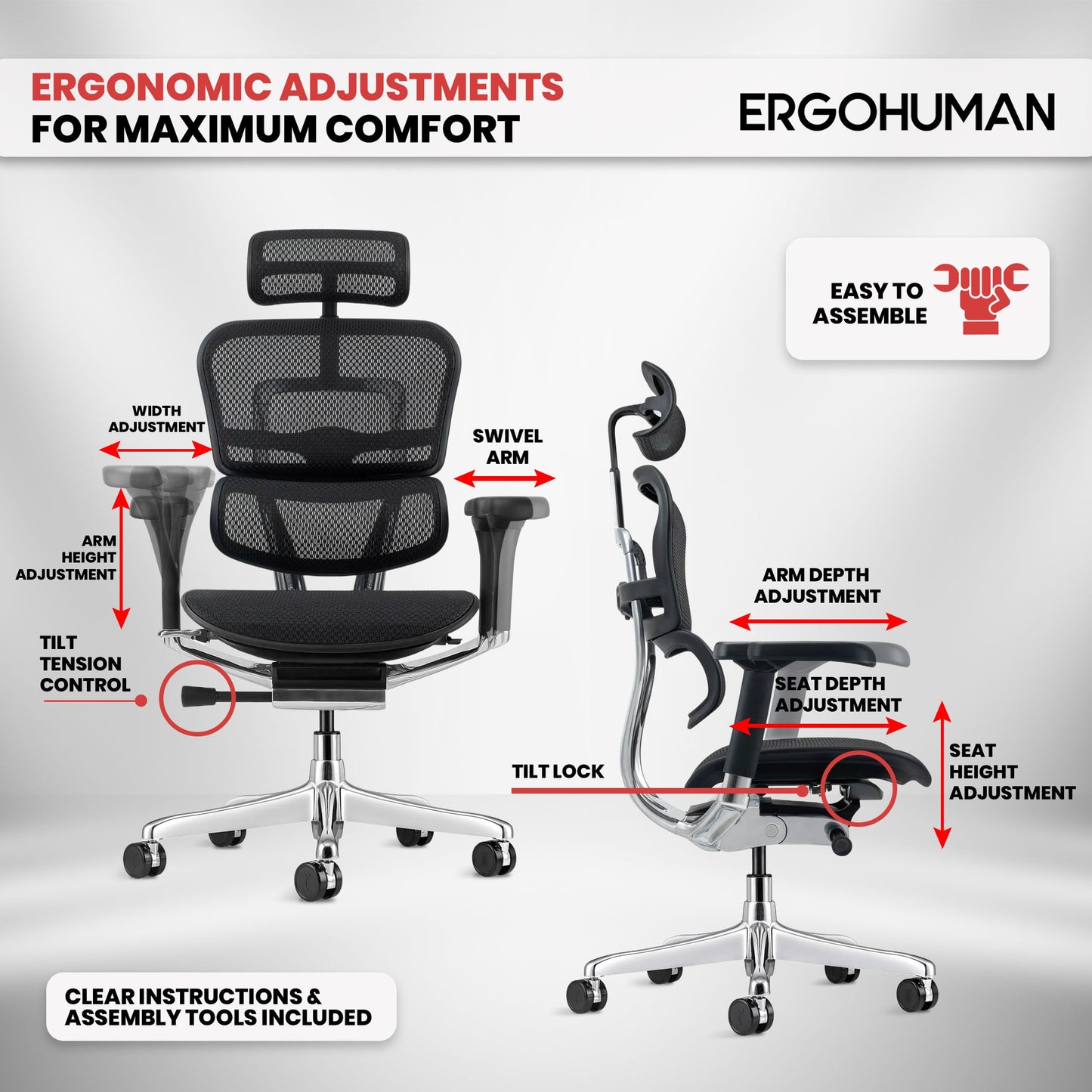Ergohuman Eurotech ME7ERG GEN2 High Back Mesh Office Chair with Tilt Tension Control, Tilt Lock, Back Angle, Back Height, Synchro Tilt, Seat Height, Seat Depth, and Arm Height Adjustments, Black