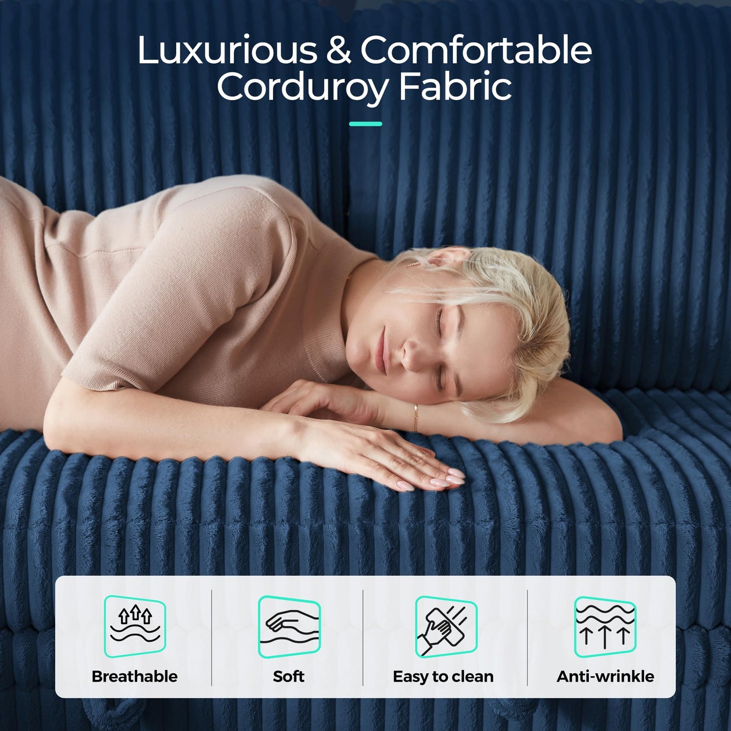 LINSY HOME Sleeper Sofa Bed with Pull Out Couch Modular Sectional Sofa (Blue, Sleeper Sofa 2) | Pull Out Sofa Bed, USB Charging, Cup Holders, Plush Corduroy, Storage