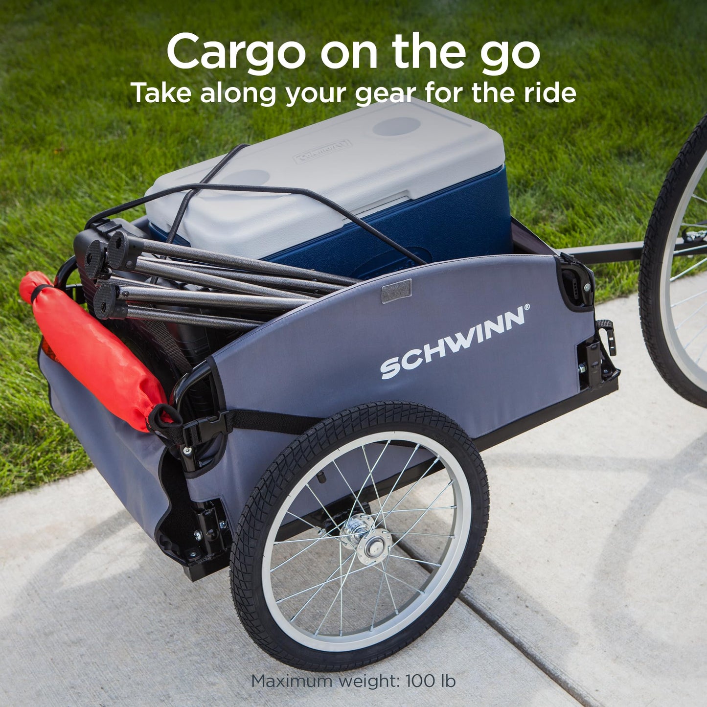 Schwinn Daytripper Bike Cargo Trailer, Holds up to 100 lb, Universal Coupler, Folding Frame, Quick-Release Wheels, 16-Inch Air-Filled Tires, Interior D-Rings, Schwinn Bike Trailer for Carrying Cargo
