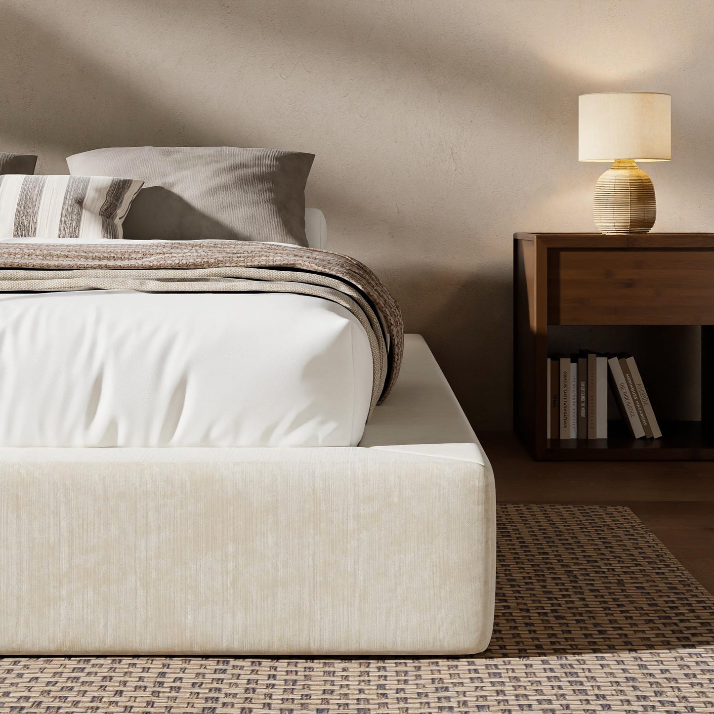RECCI AirFrame Queen Bed Frame, Cloud Upholstered Platform Bed Frame, 5 Inch Fully Boxy Foam Cushioned, Square Shape Base, No Box Spring Needed, Easy Assembly | Beige Chenille, Soft Low-Profile
