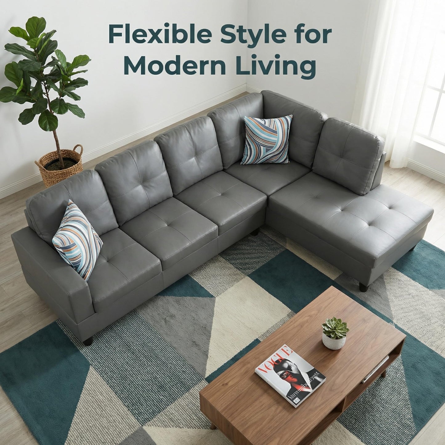 NicBex Leather 103.5" Sectional Couches for Living Room, 2-Piece L-Shaped Sectional Couch with Movable Lounge Chaise, Multi-Scene Use for Apartment & Office, Dark Grey