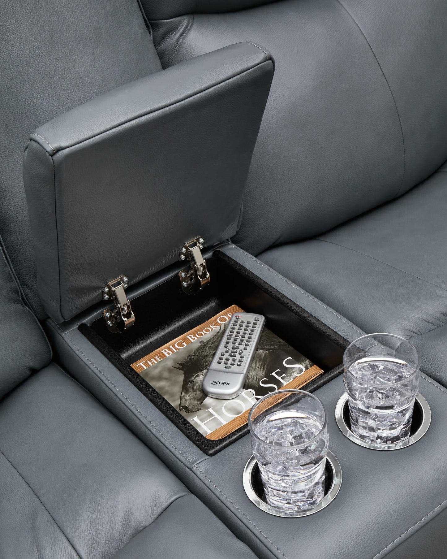 Signature Design by Ashley Mindanao Modern Leather Match Upholstered Power Reclining Loveseat with Console, USB Ports and Cup Holders, Gray