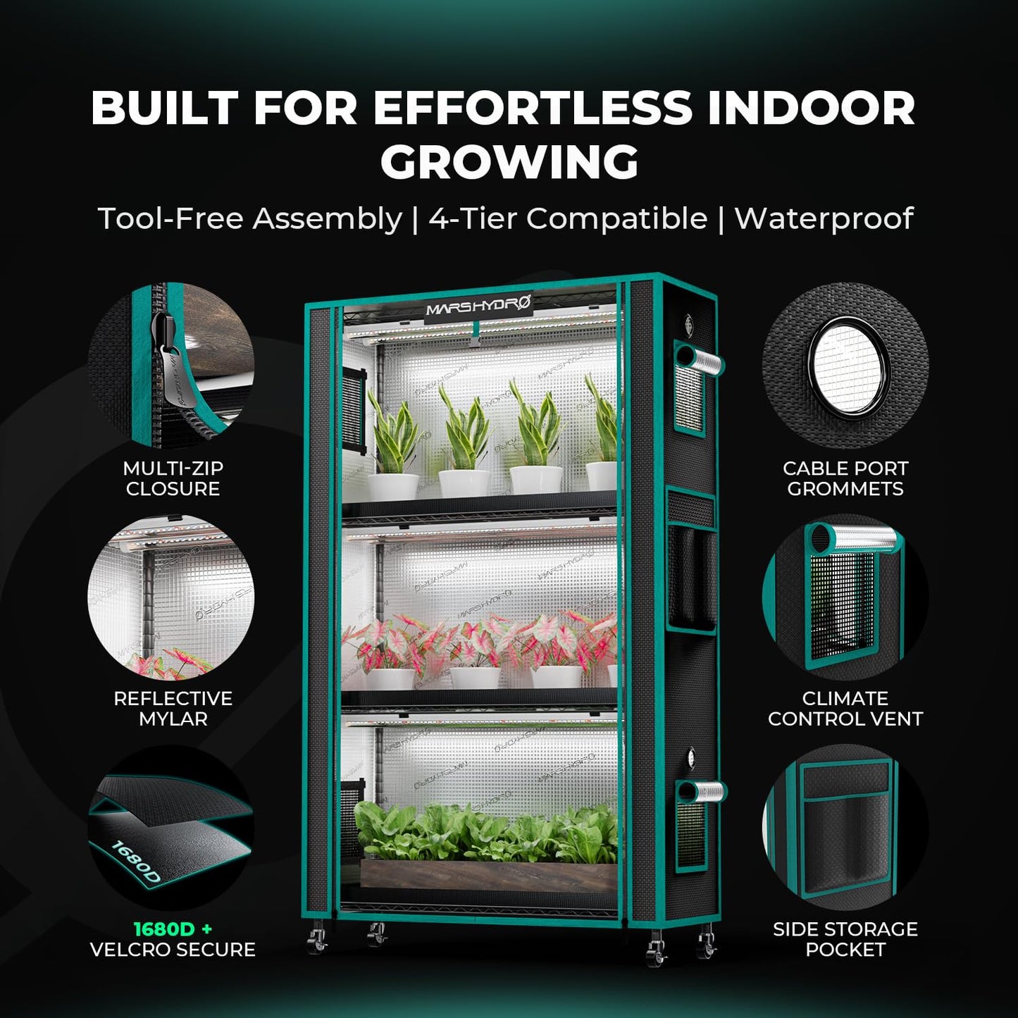 MARS HYDRO 2025 Plant Stand with Grow Lights,4-Tier Plant Shelf with 6 Full Spectrum LED Lamps (150W, 3ft) & Grow Tent | for Vegetables, Seedlings, Plant Growth | 5000K, 37×14×59''